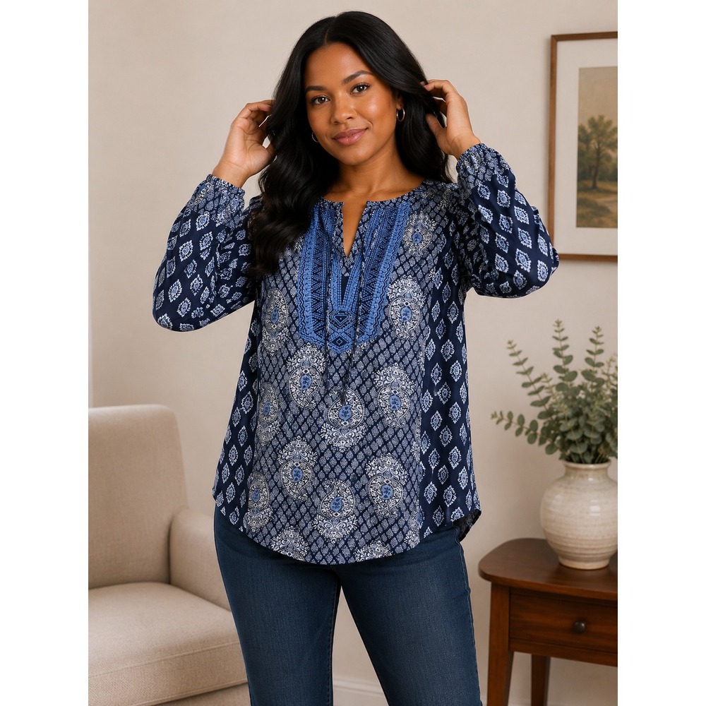 Dressbarn Womens Navy Blue Paisley Embroidered Long Sleeve Boho Blouse Large